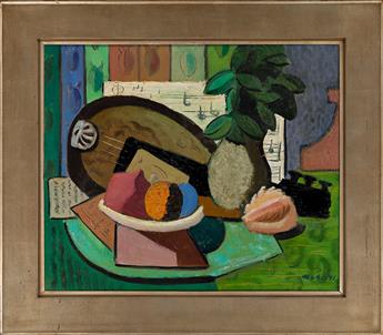 ISAAC LANE MUSE Cubist Still Life Composition with Shell, Fruit and Mandolin.